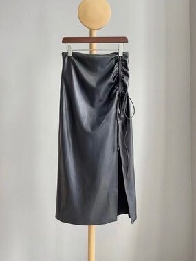 Nanushka Classic Black Faux Leather Midi Skirt with Side Ruched Detail